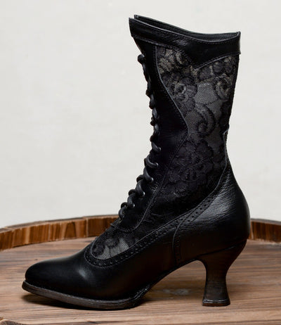 Victorian Inspired Leather & Lace Boots in Black