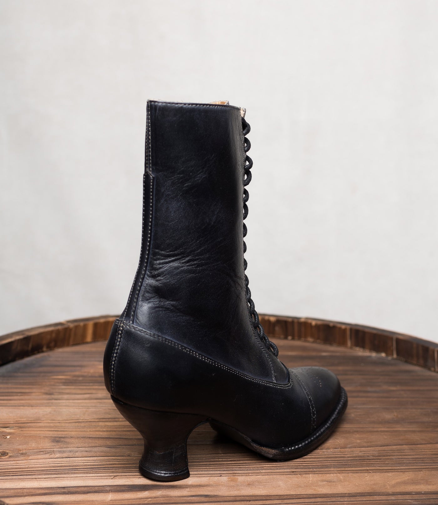 Mirabelle Victorian Mid-Calf Leather Boots in Black Rustic