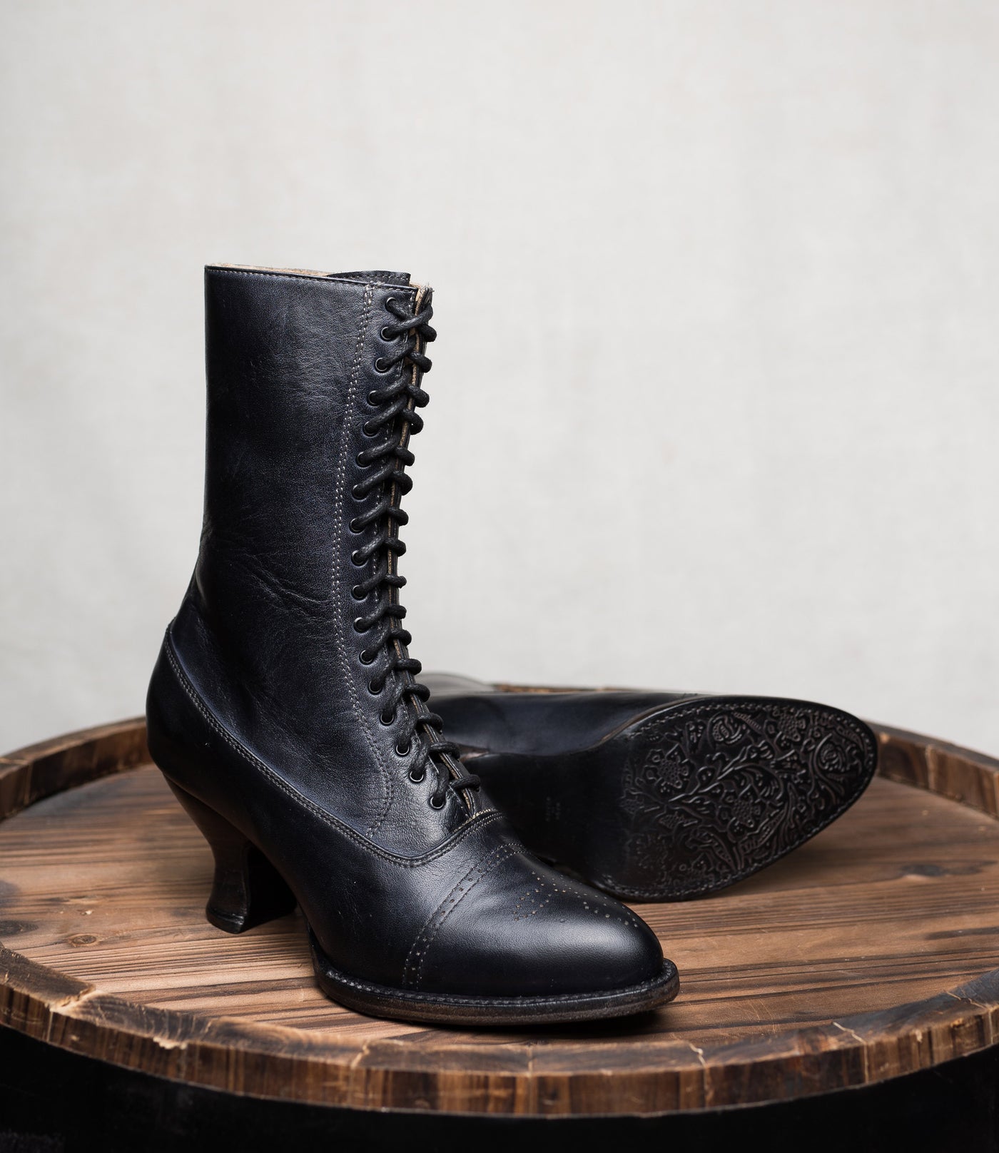 Mirabelle Victorian Mid-Calf Leather Boots in Black Rustic