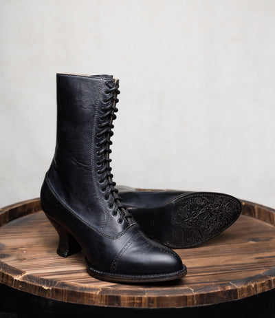 Mirabelle Victorian Mid-Calf Leather Boots in Black Rustic