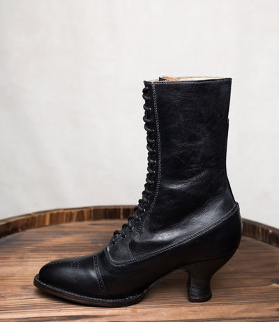 Mirabelle Victorian Mid-Calf Leather Boots in Black Rustic