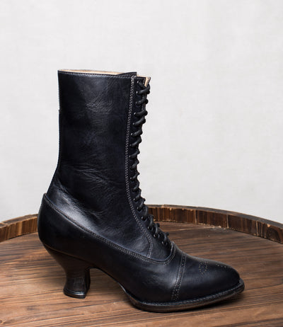 Mirabelle Victorian Mid-Calf Leather Boots in Black Rustic