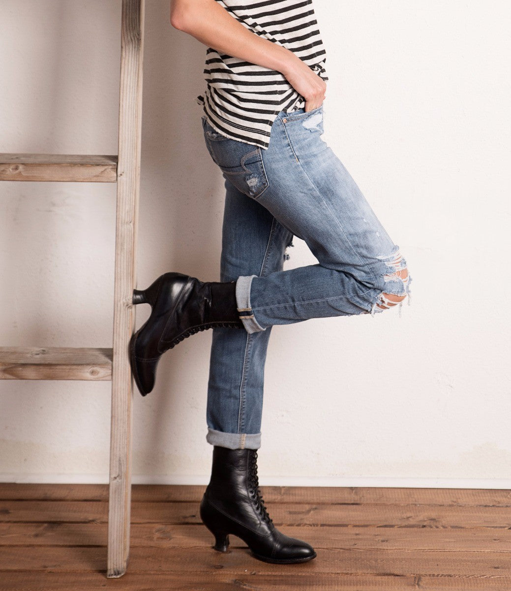 Mirabelle Victorian Mid-Calf Leather Boots in Black Rustic