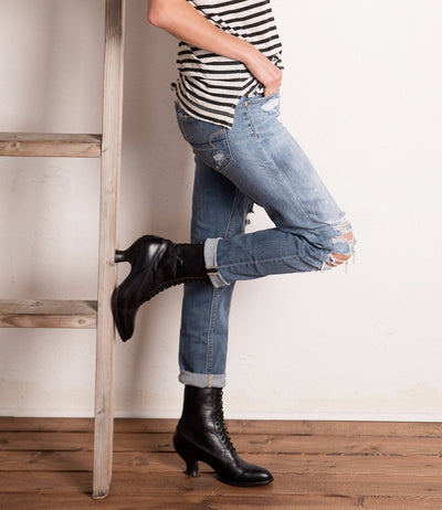 Mirabelle Victorian Mid-Calf Leather Boots in Black Rustic