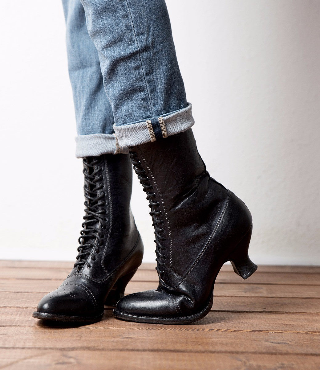 Mirabelle Victorian Mid-Calf Leather Boots in Black Rustic