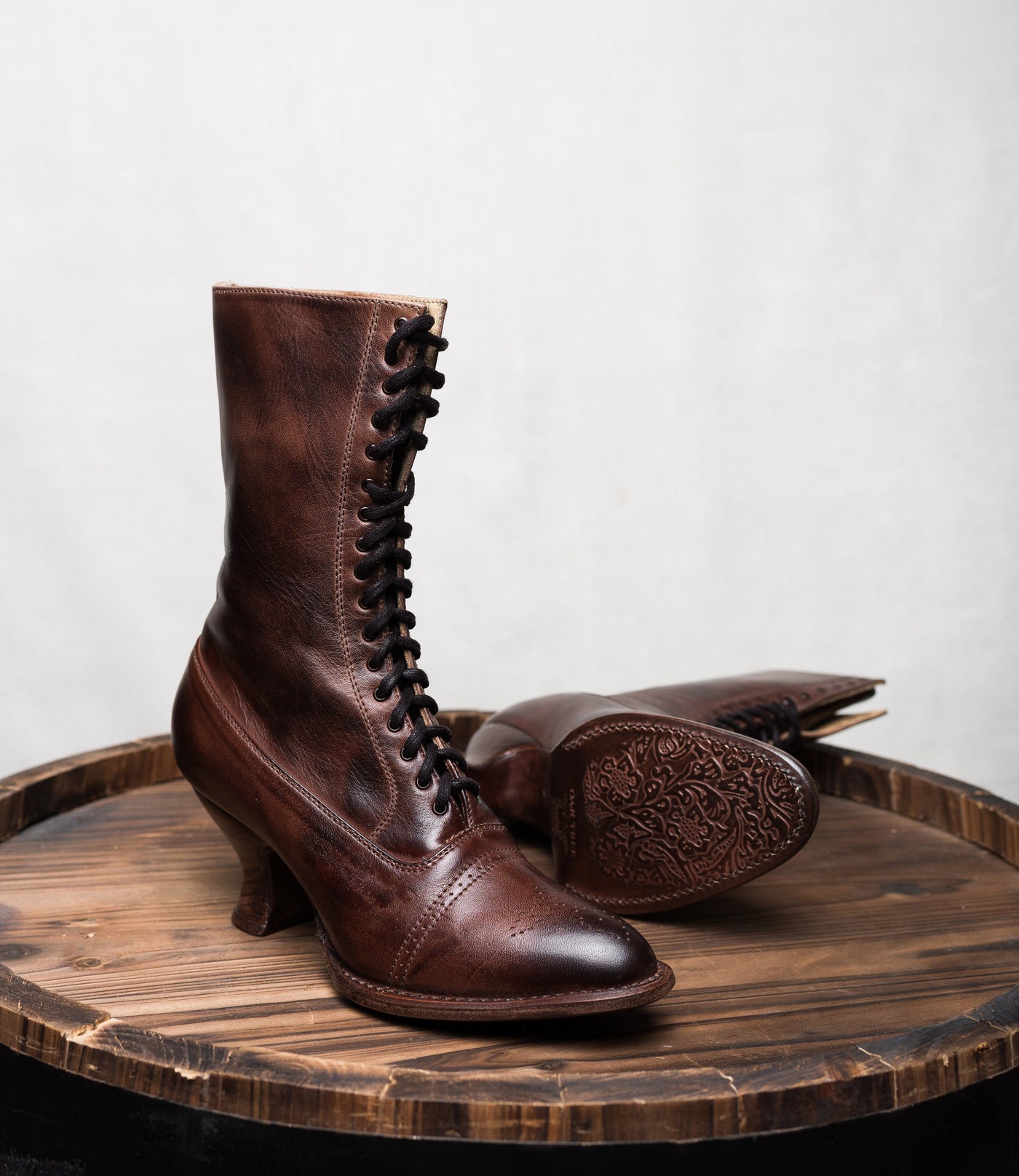 Mirabelle Victorian Mid-Calf Leather Boots in Teak Rustic