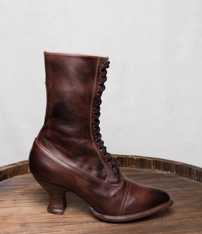Mirabelle Victorian Mid-Calf Leather Boots in Teak Rustic