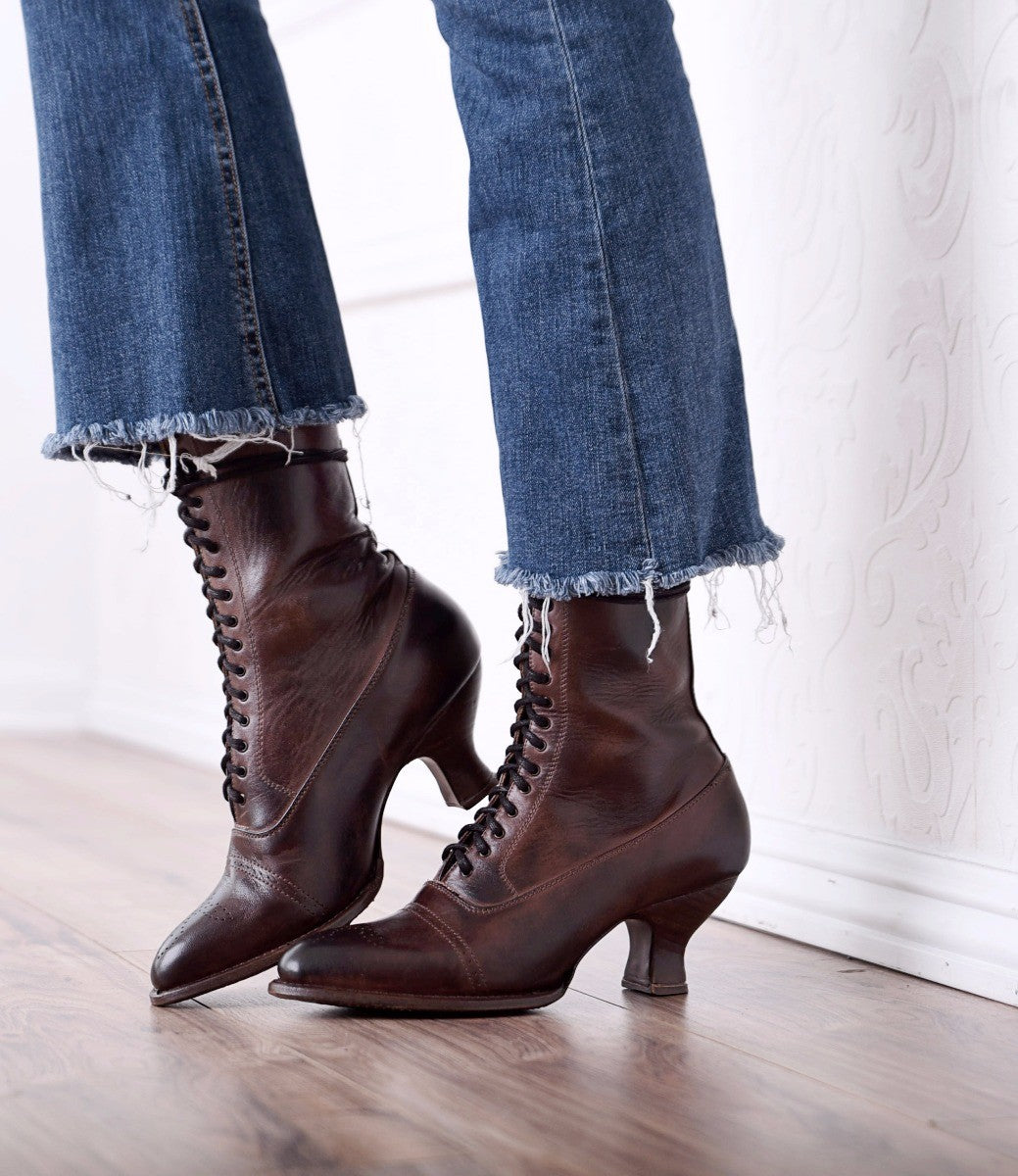 Mirabelle Victorian Mid Calf Leather Boots in Teak Rustic WardrobeShop