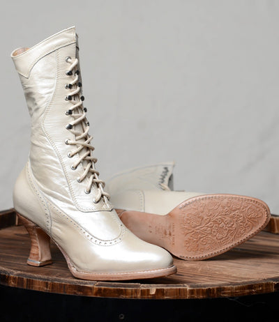 Modern Victorian Lace Up Leather Boots in Pearl Oak Tree Farms