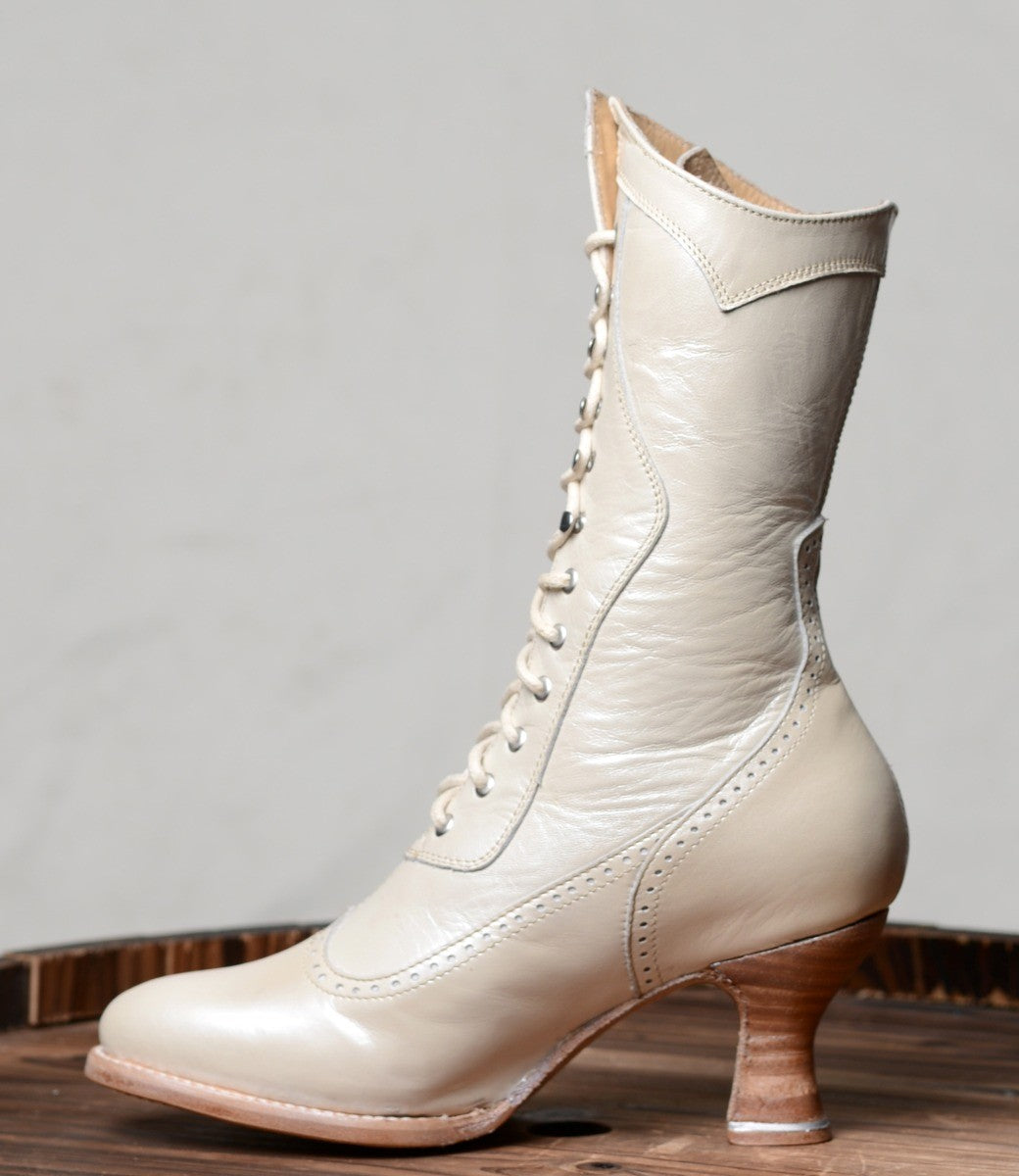 Modern Victorian Lace Up Leather Boots in Pearl Oak Tree Farms