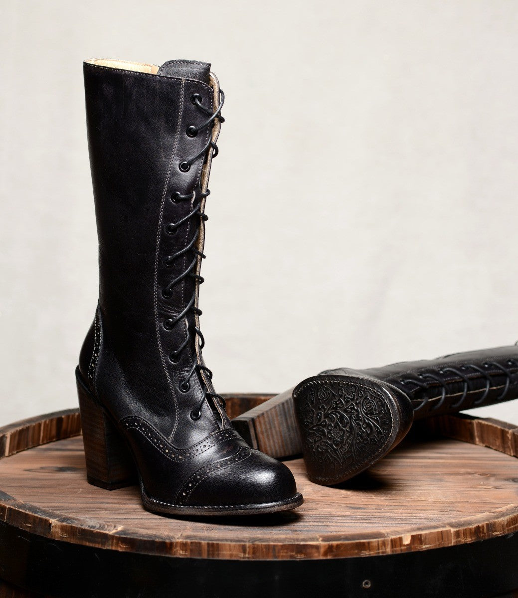 Victorian Inspired Mid-Calf Leather Boots in Black Rustic