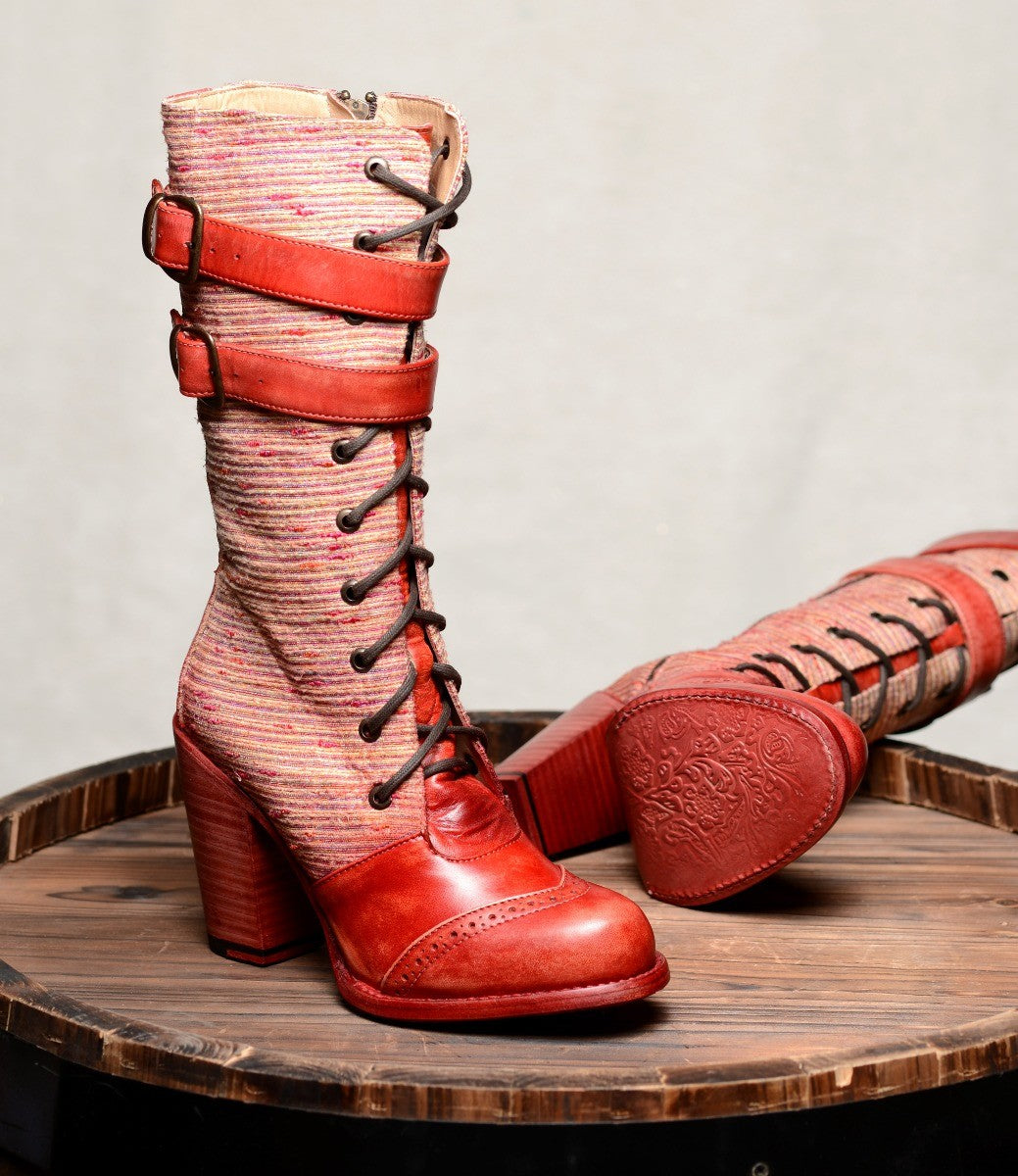 Arabella Steampunk Style Mid-Calf Leather Red Boots by Oak Tree Farms