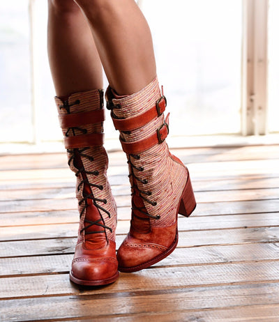 Arabella Steampunk Style Mid-Calf Leather Red Boots by Oak Tree Farms