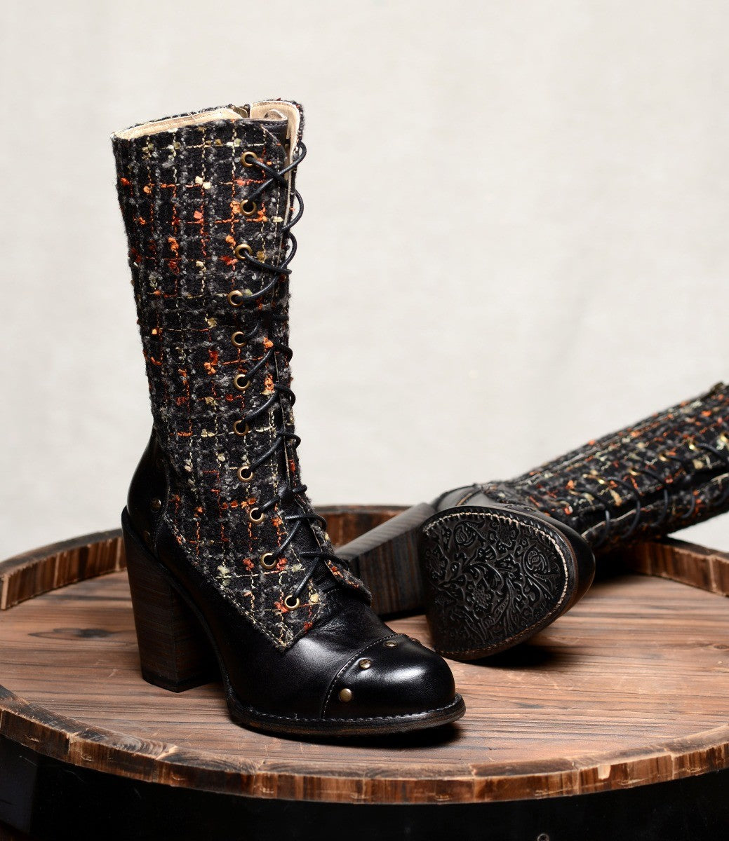 Alice Modern Vintage Style Mid-Calf Leather Boots in Black Rustic by Oak Tree Farms