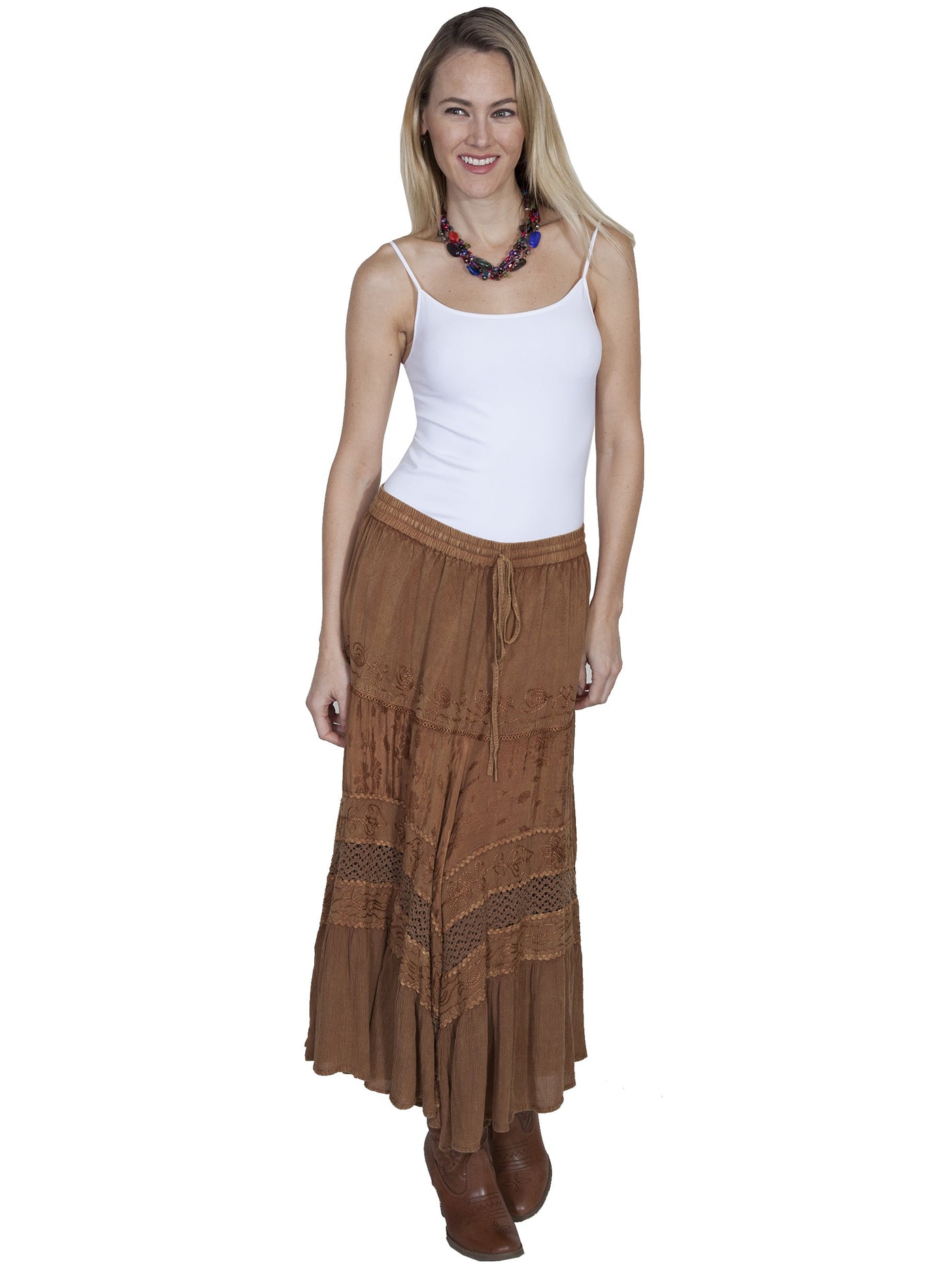 Western Style Full Length Embroidered Skirt in Beige by Scully Leather