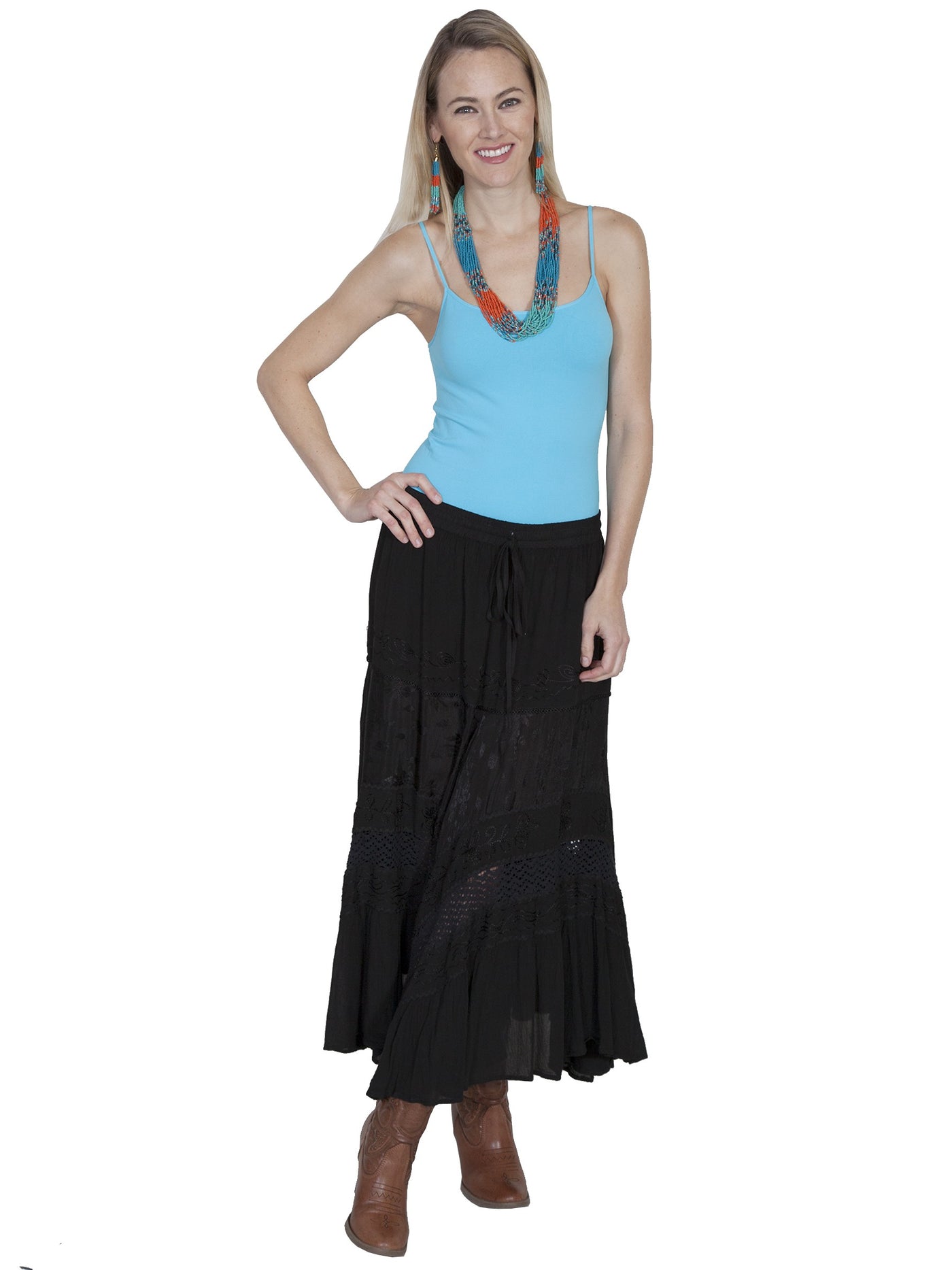 Western Style Full Length Embroidered Skirt in Black by Scully Leather