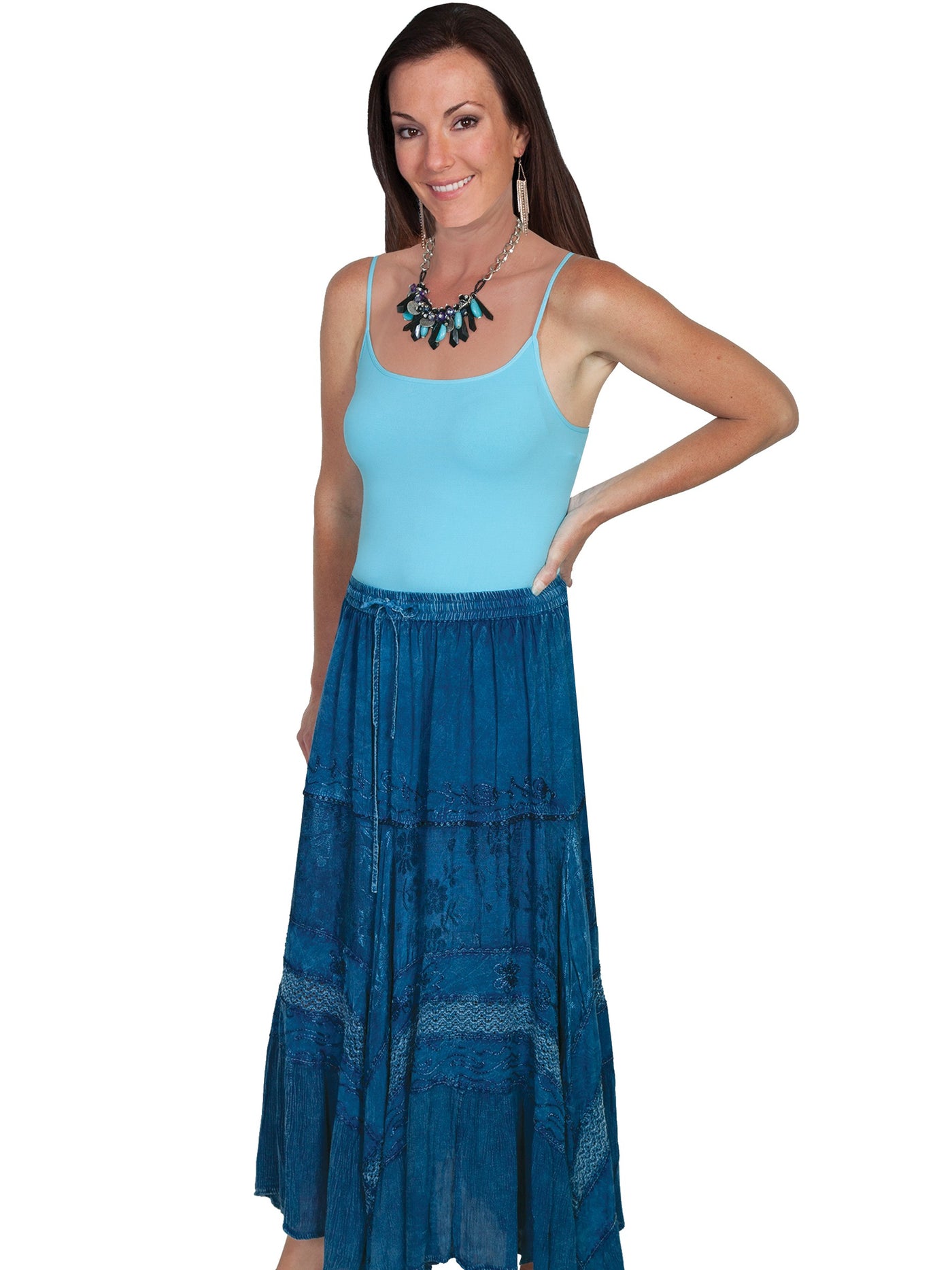 Western Style Full Length Embroidered Skirt in Denim by Scully Leather