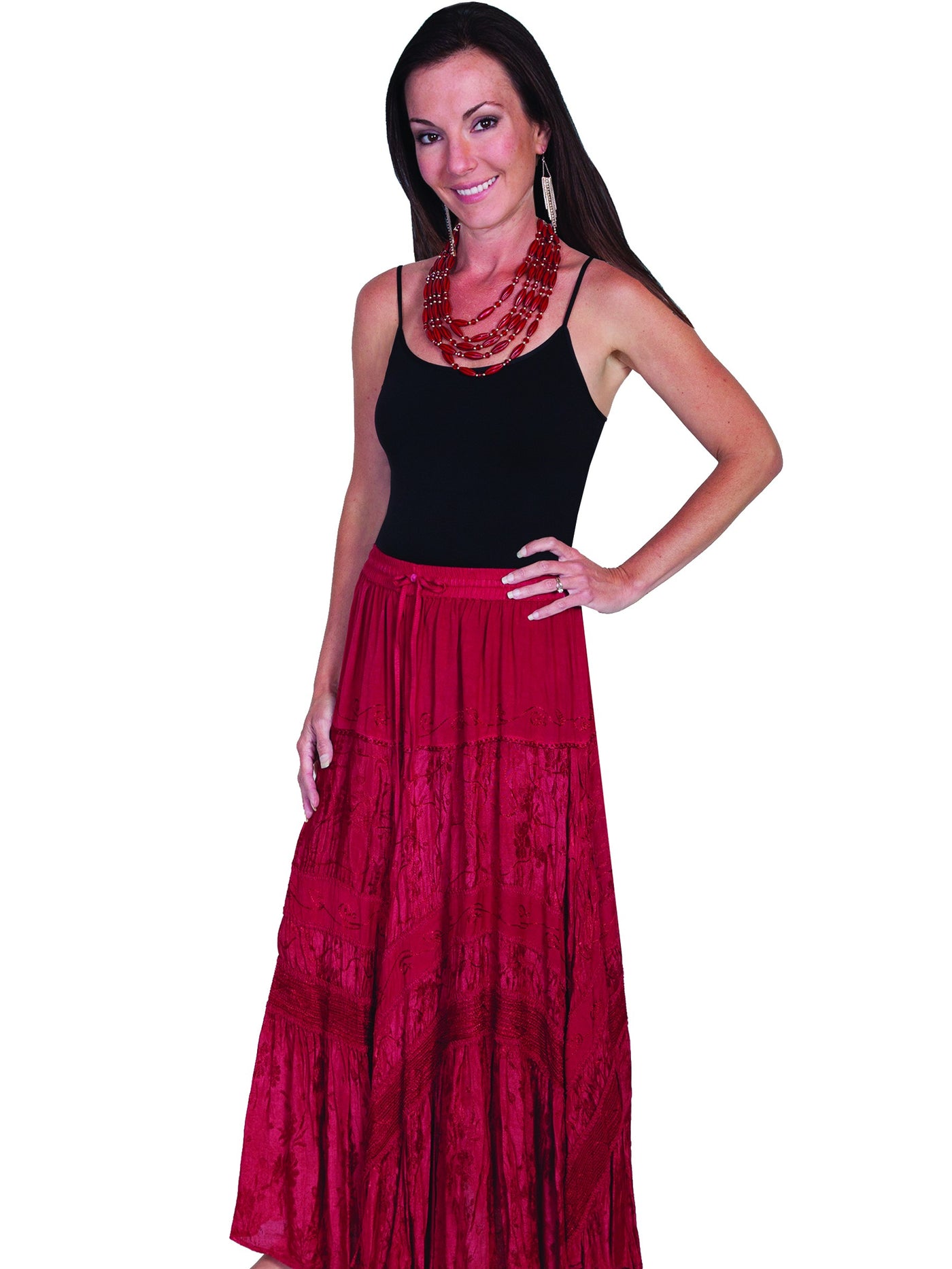 Western Style Full Length Embroidered Skirt in Burgundy by Scully Leather