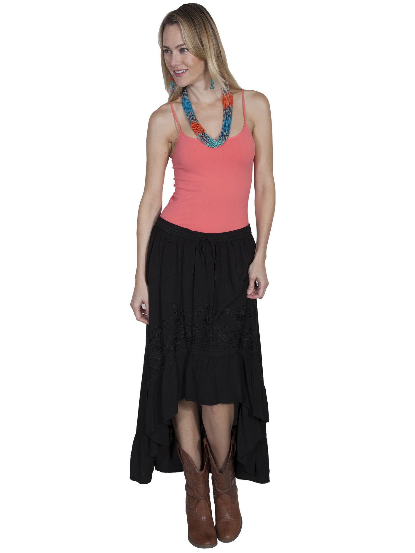 Western Style High-Low Embroidered Skirt in Black by Scully Leather