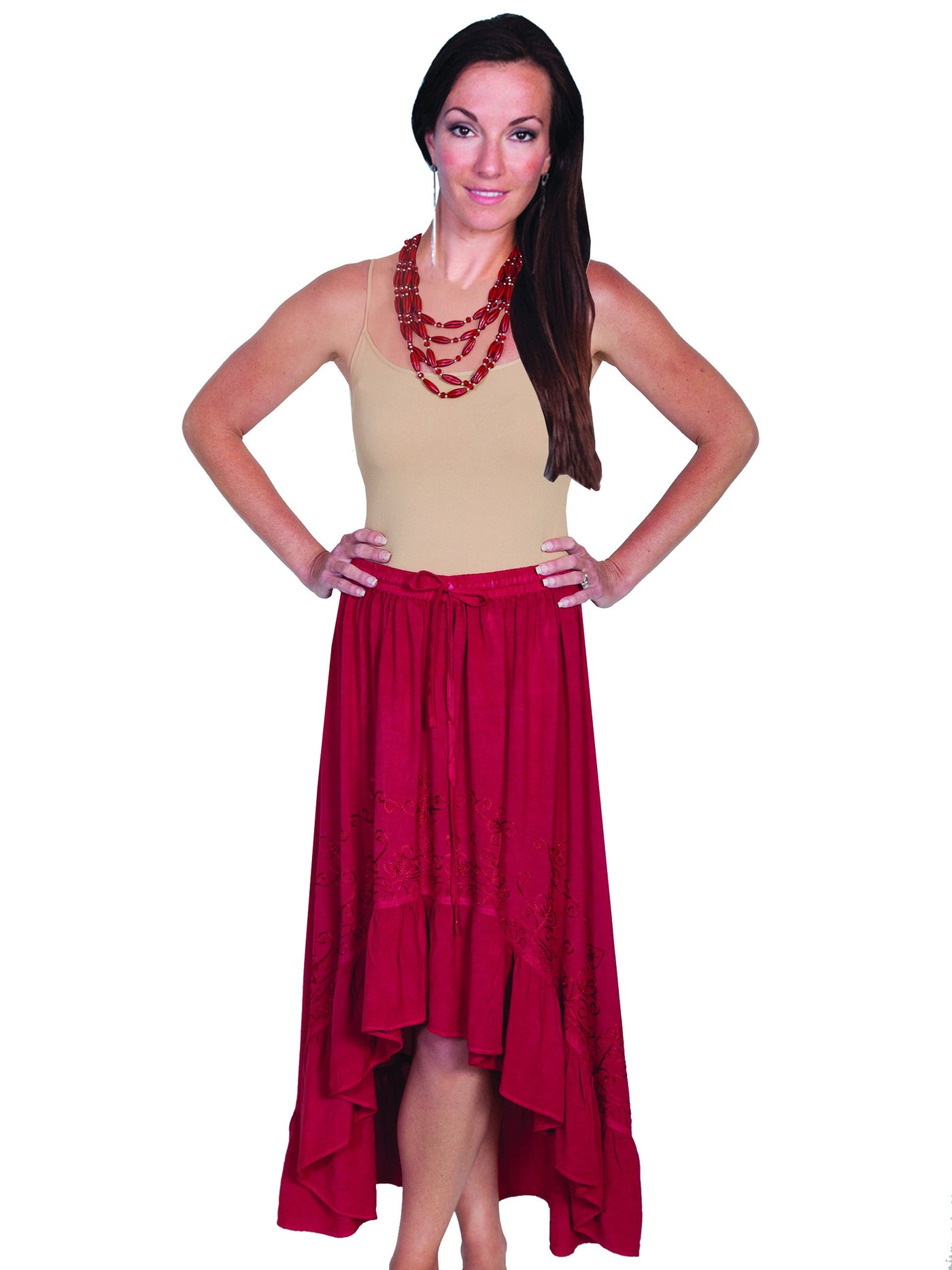 Western Style High-Low Embroidered Skirt in Burgundy by Scully Leather