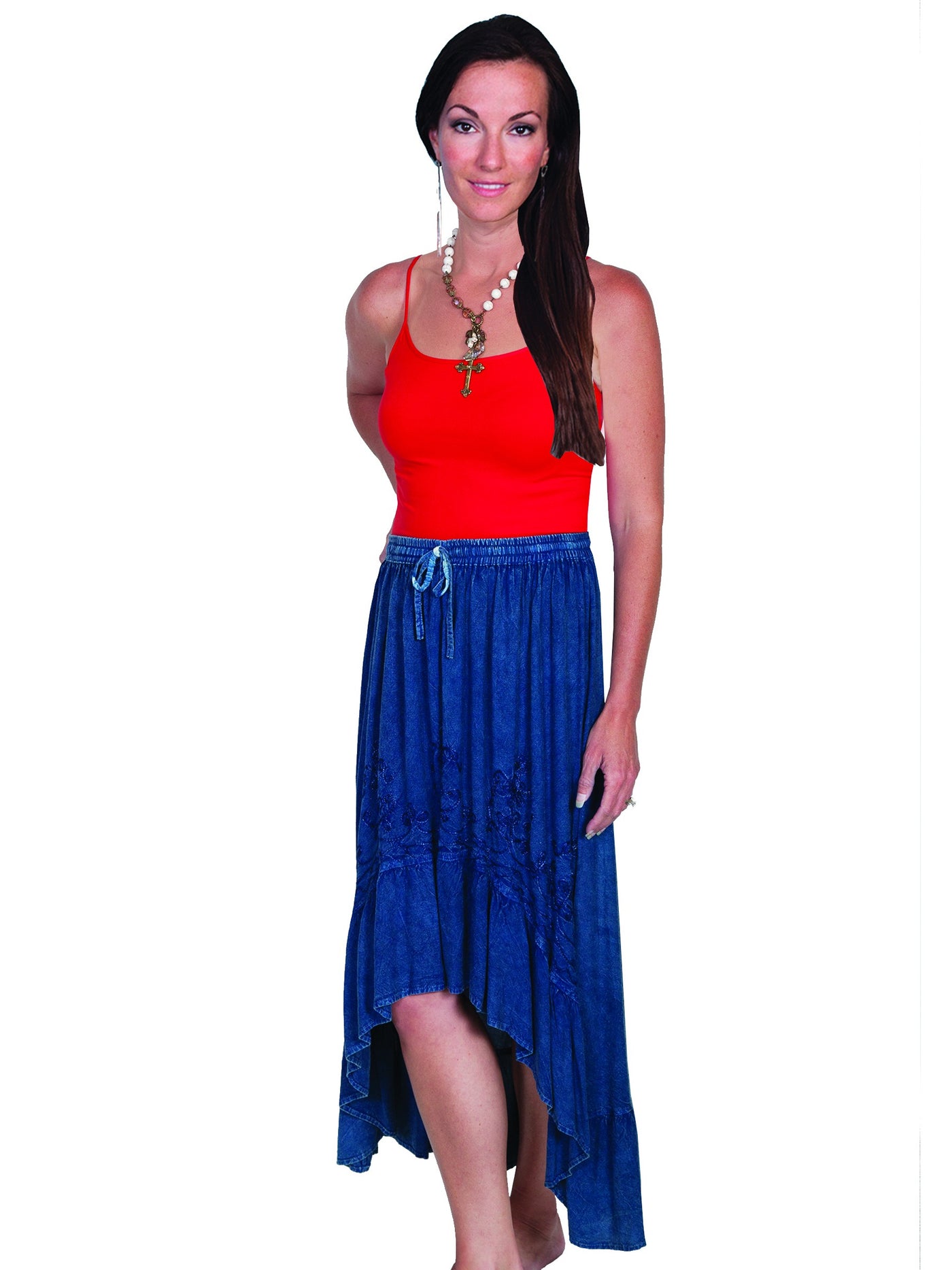 Western Style High-Low Embroidered Skirt in Denim by Scully Leather