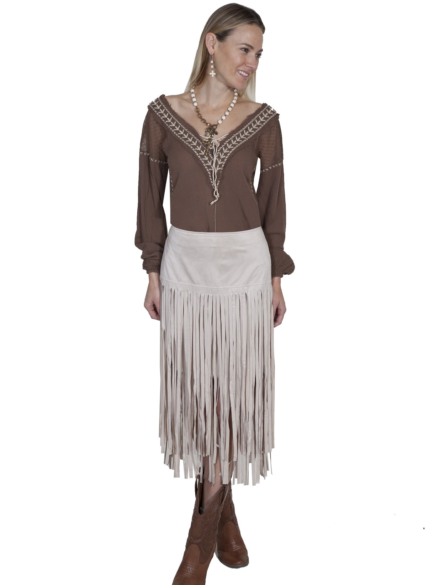 Western Style Long Fringe Skirt in Ivory by Scully Leather