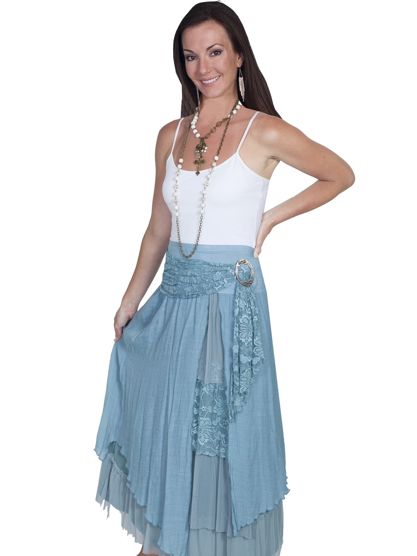 Western Style Multi-Layered Skirt in Blue by Scully Leather