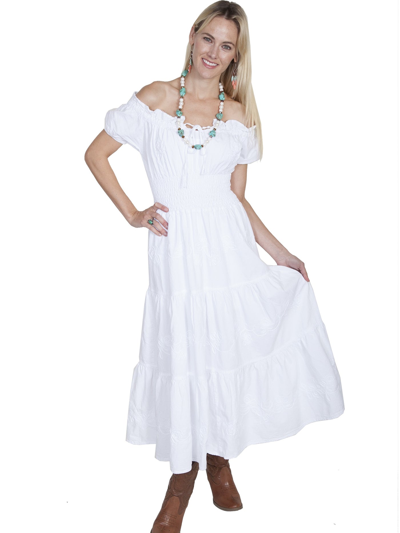 Off-Shoulder Cowgirl Wedding Dress in White by Scully Leather
