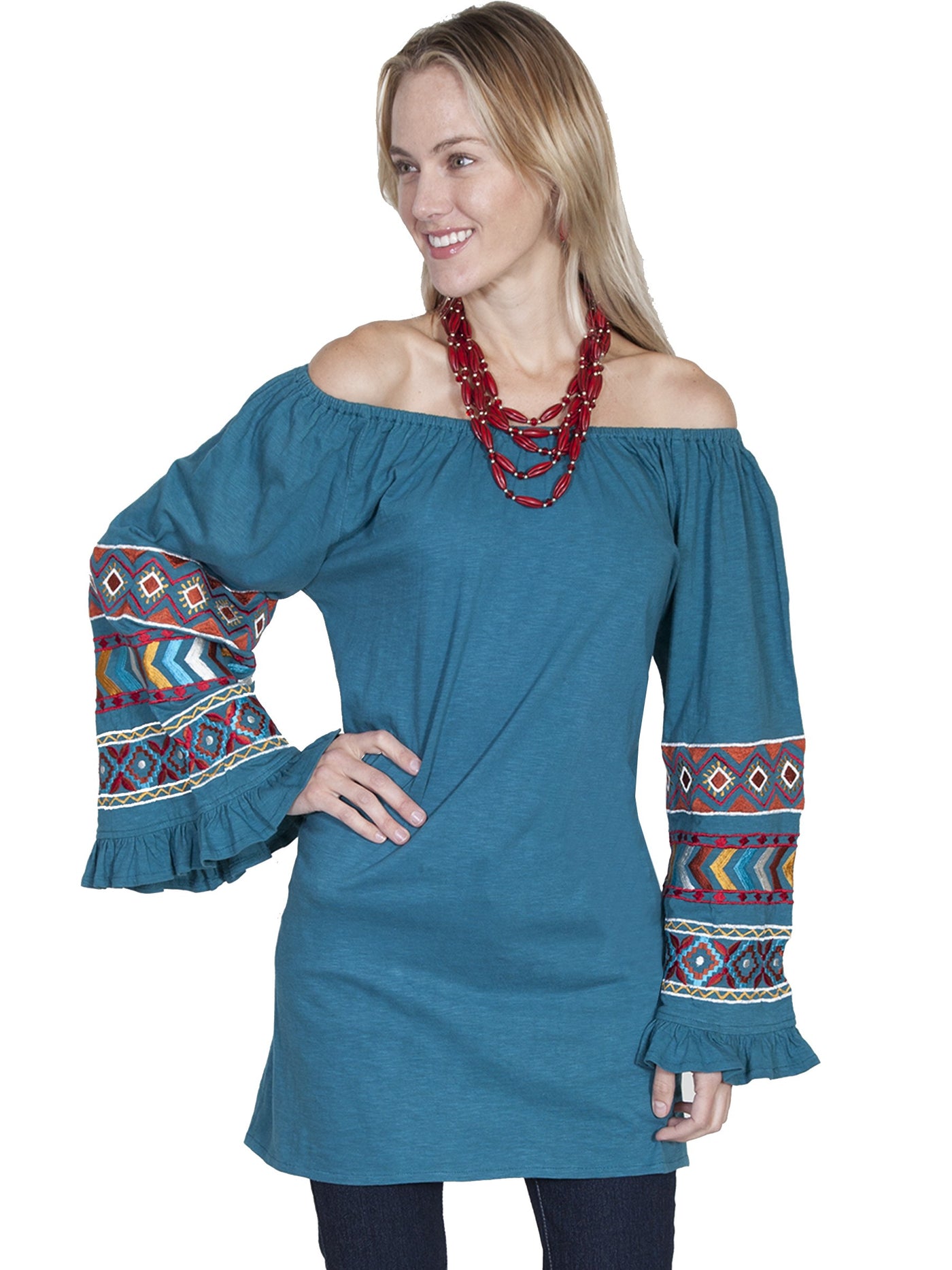 Boho Style Off Shoulder Tunic in Teal by Scully Leather