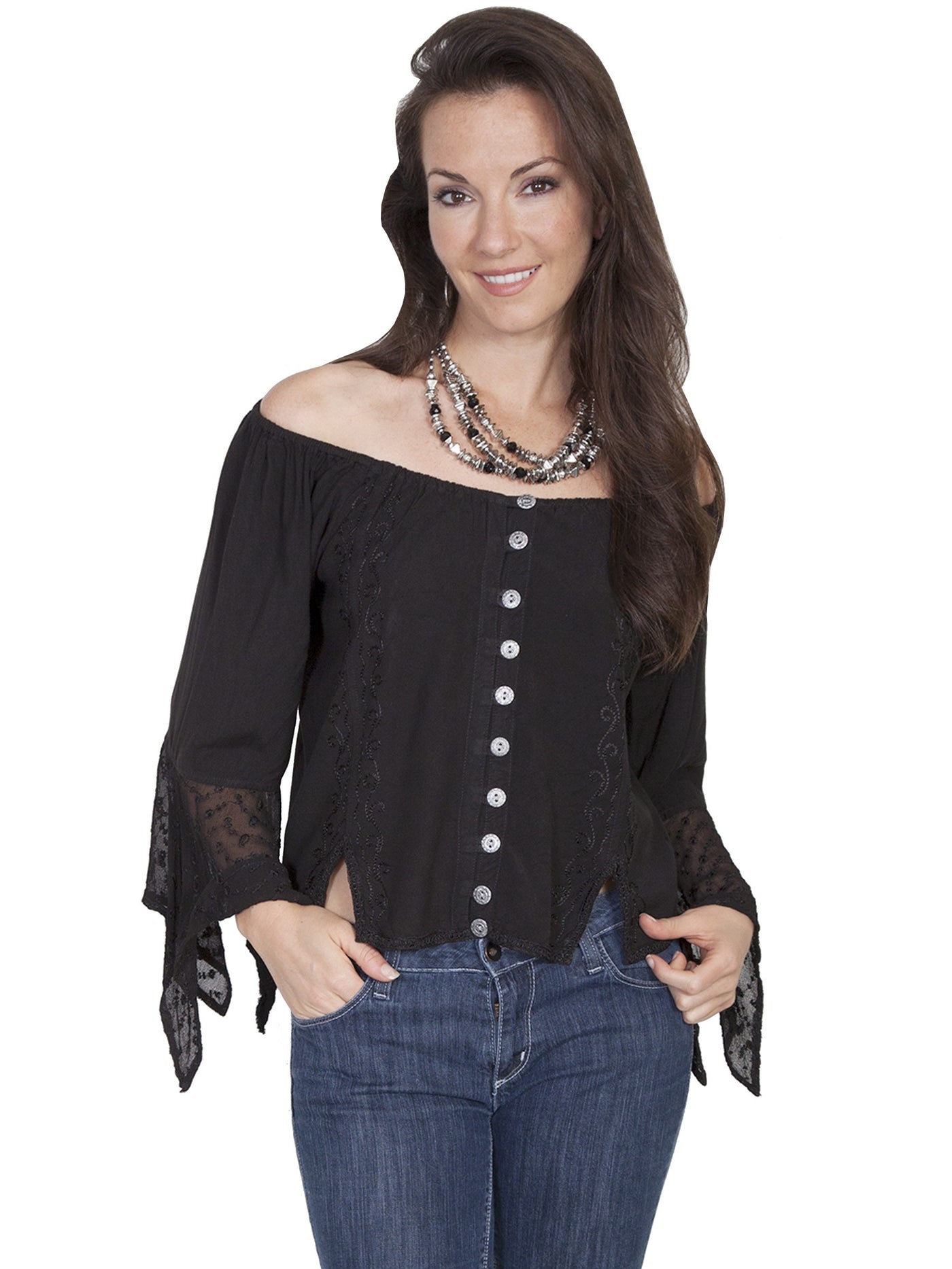 Saloon Off Shoulder Button Up Blouse in Black - SOLD OUT