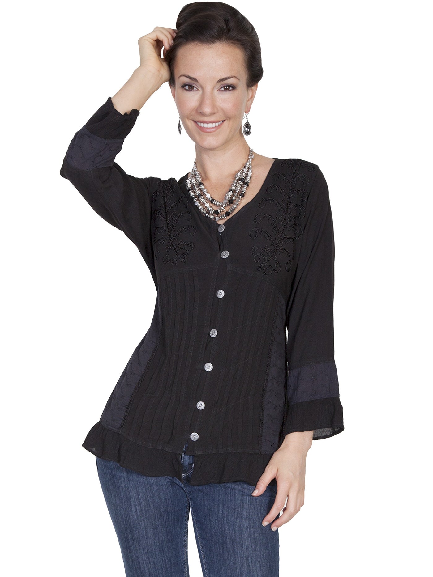 Honey Creek Prairie Ruffled Blouse in Black by Scully Leather