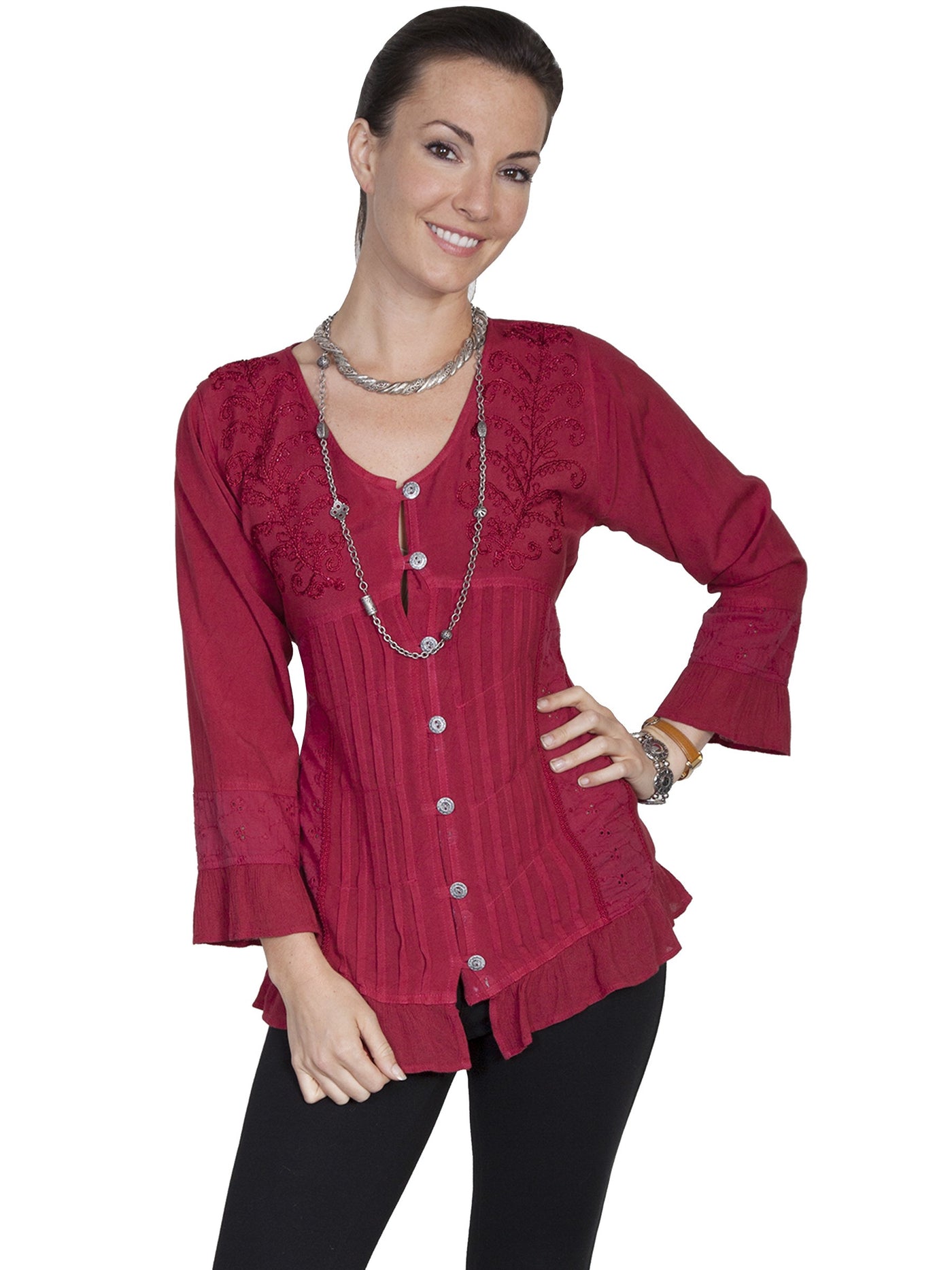Honey Creek Prairie Ruffled Blouse in Burgundy by Scully Leather