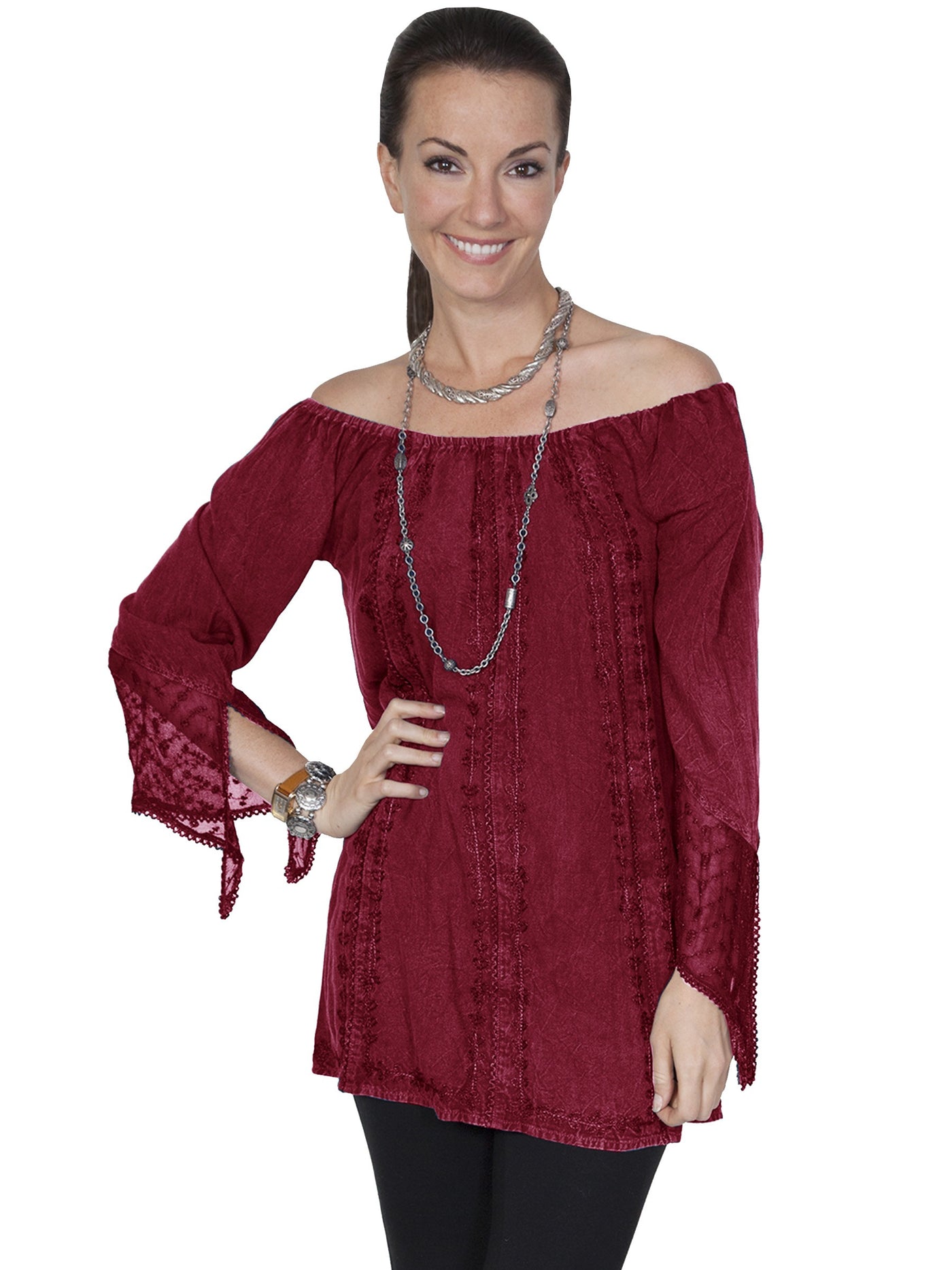 Honey Creek Kansas' Wind Off Shoulder Blouse in Burgundy by Scully Leather