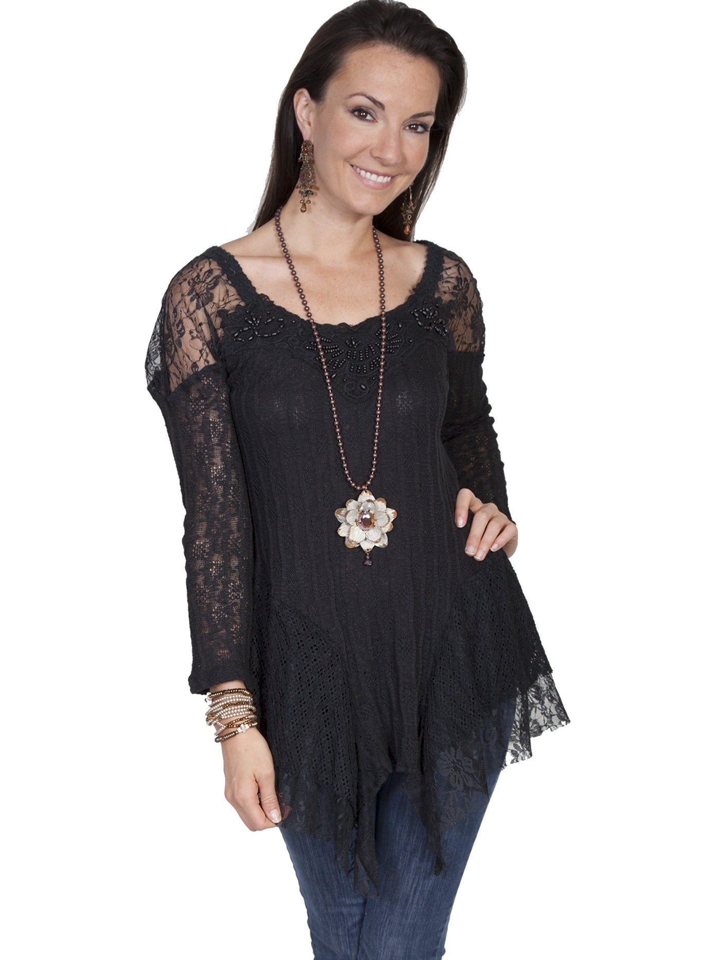 Honey Creek Night-Bloom Lace Beaded Blouse in Black by Scully Leather