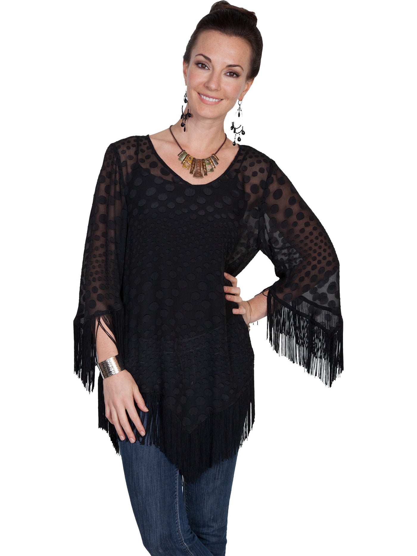 Honey Creek Vintage Inspired Polka Dot Fringe Blouse in Black by Scully Leather