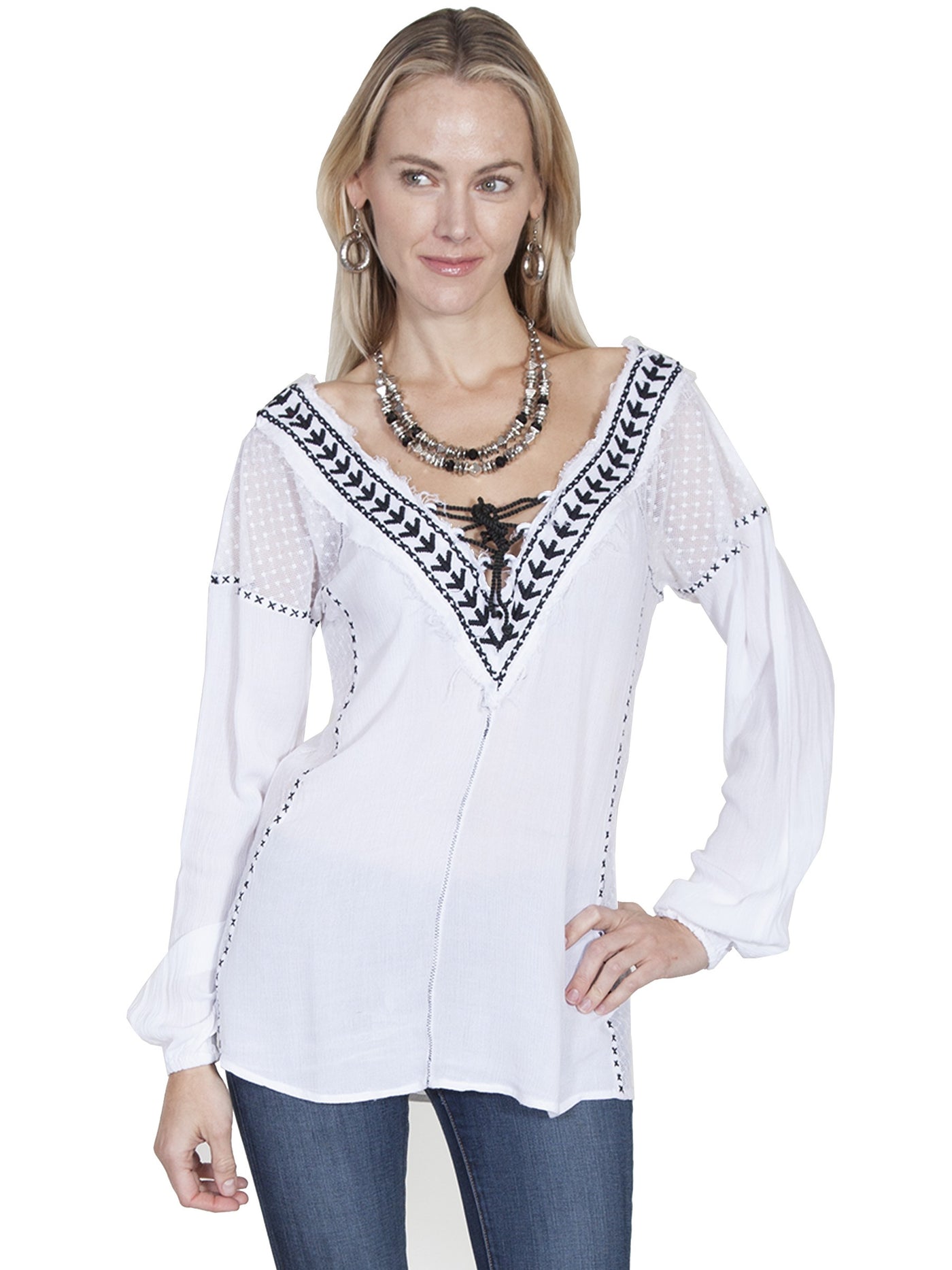 West Canyon Embroidered Blouse in White by Scully Leather