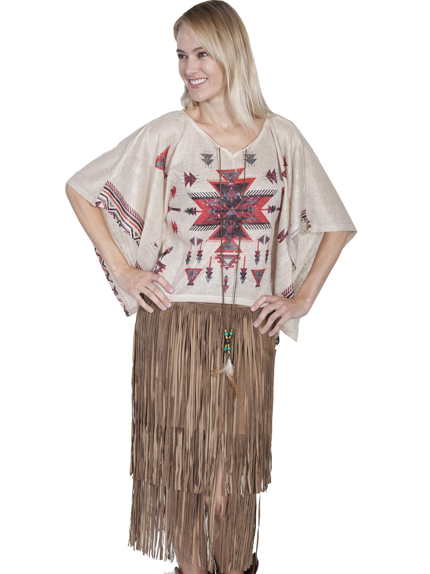 Honey Creek Indian Steppe Poncho Blouse in Red by Scully Leather