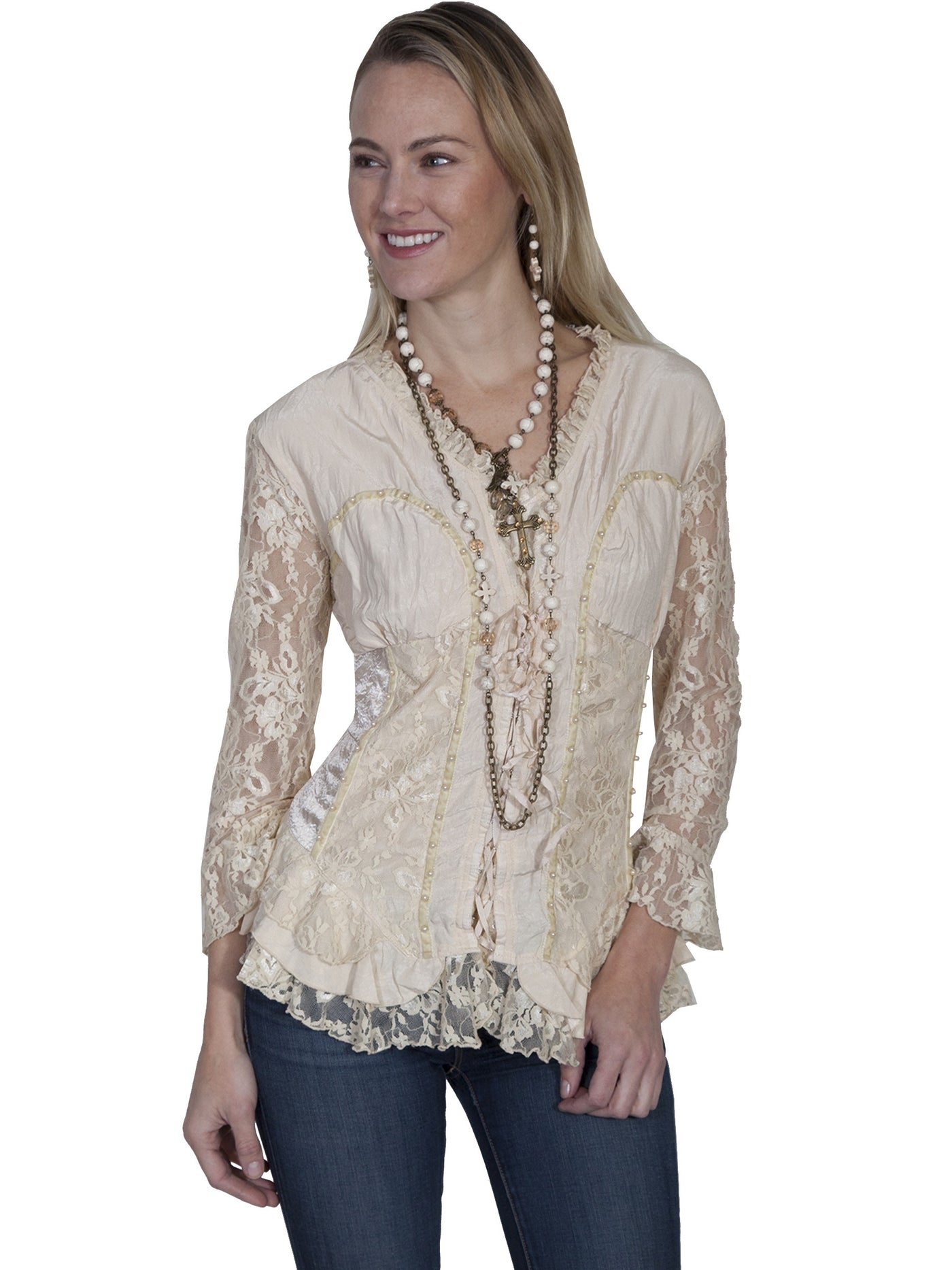 Honey Creek Desert Rider Lace Blouse in Camel by Scully Leather