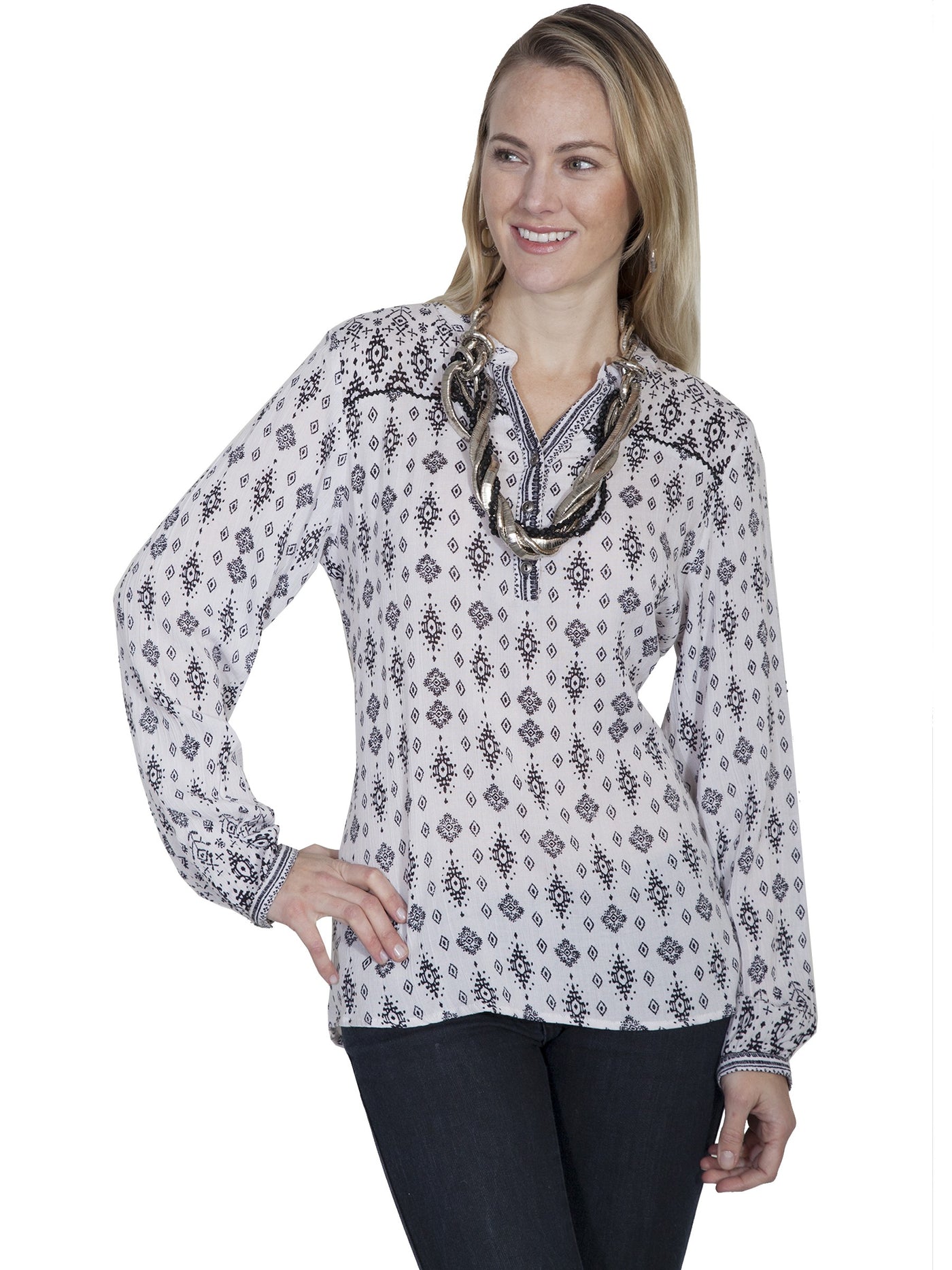 Honey Creek Cowgirl Long Sleeve Blouse in White by Scully Leather