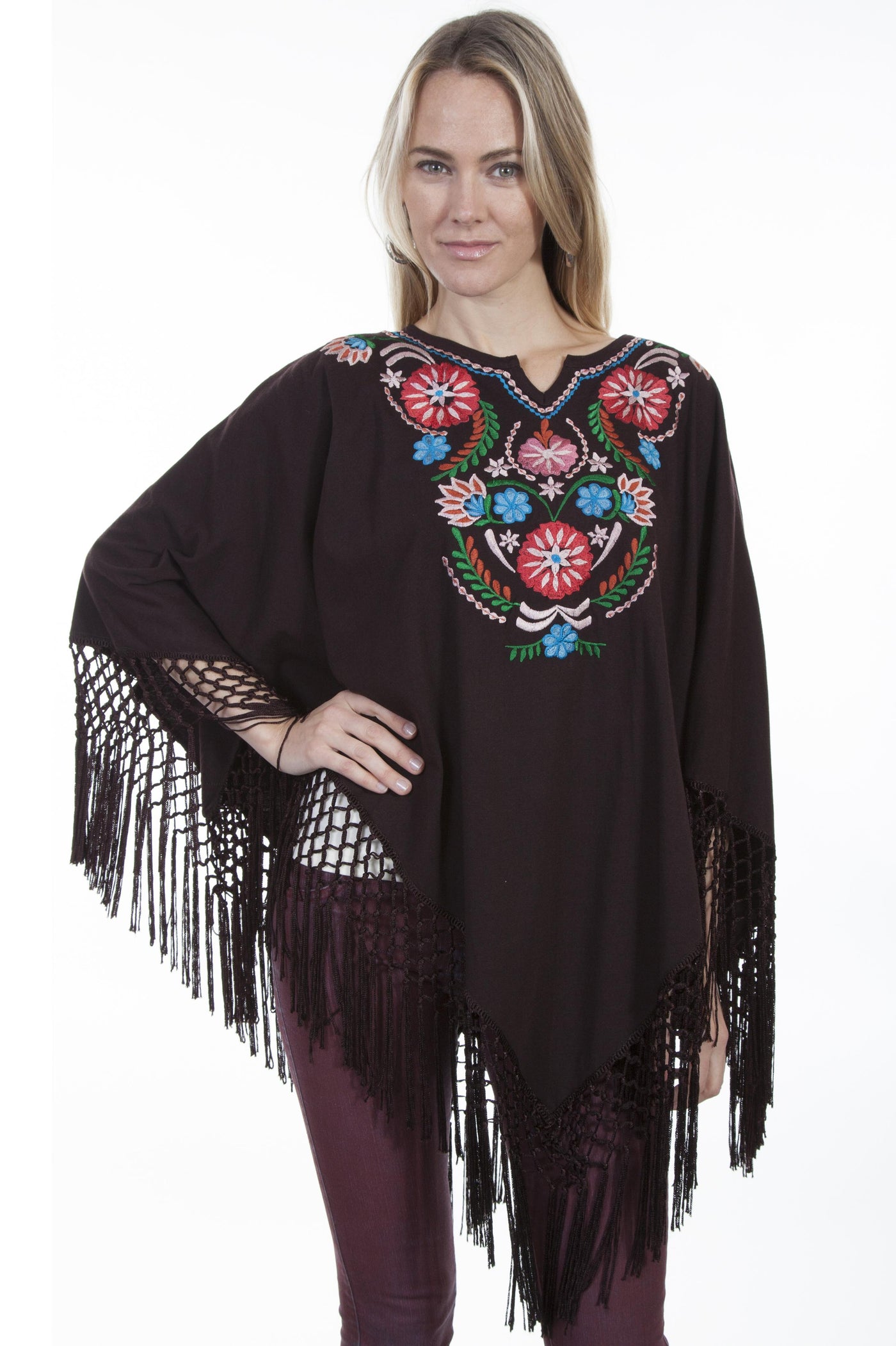 Bohemian Floral Embroidered Poncho in Chocolate by Scully Leather