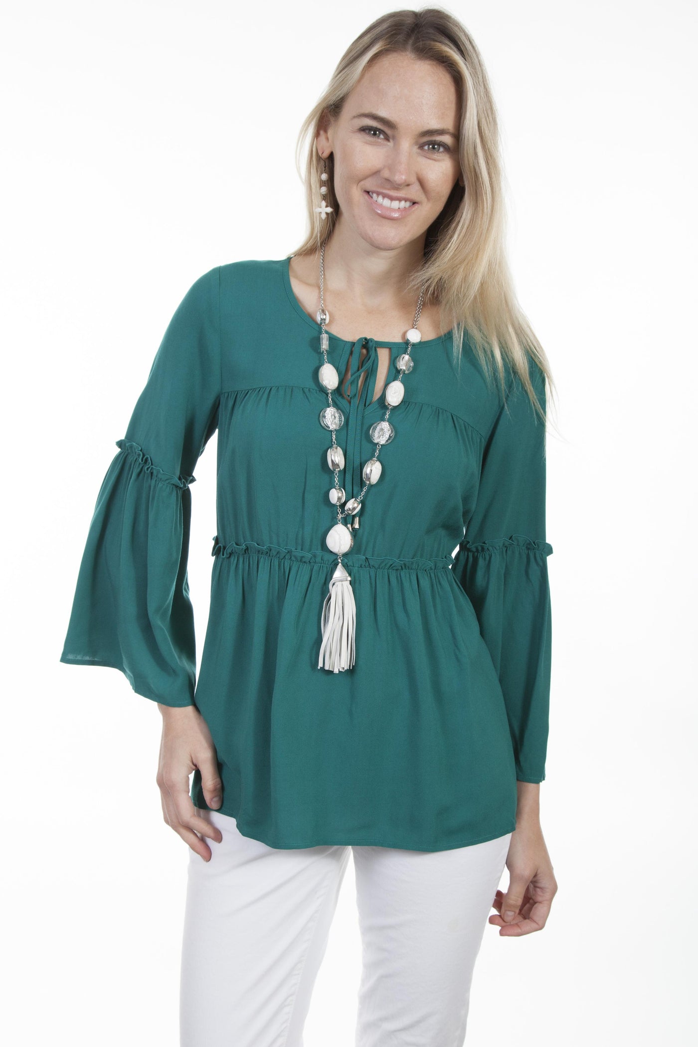 Honey Creek Emerald Sunset Flounce Blouse in Green by Scully Leather