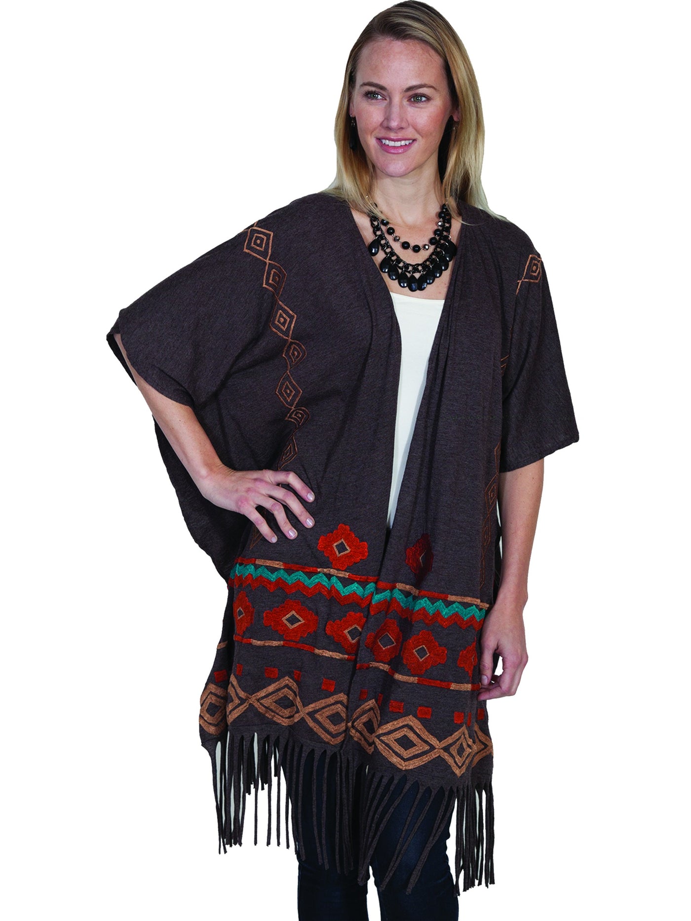 Horse Riding Fringe Embroidered Wrap in Heather Brown - SOLD OUT