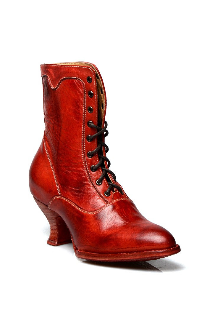 Victorian Style Leather Ankle Boots in Red Rustic