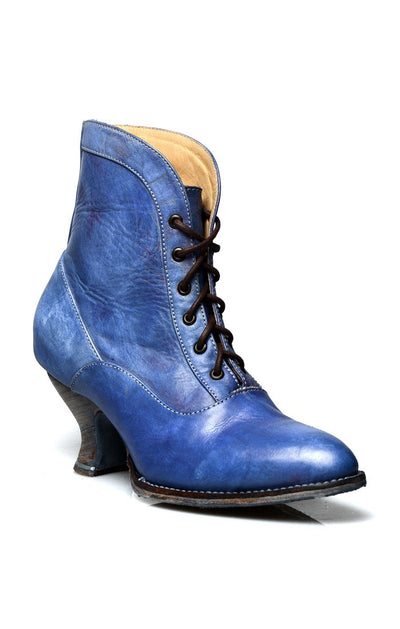 Vintage Style Victorian Lace Up Leather Boots in Steel Blue