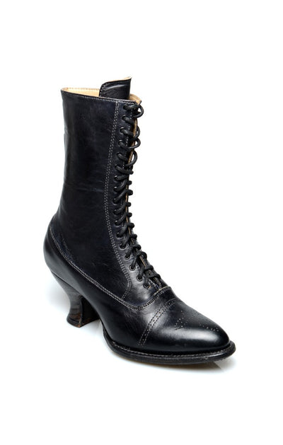 Mirabelle Victorian Mid-Calf Leather Boots in Black Rustic