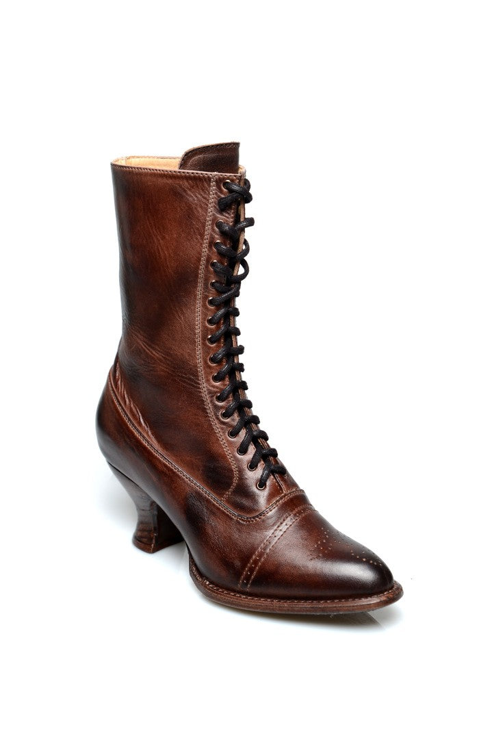 Mirabelle Victorian Mid-Calf Leather Boots in Teak Rustic