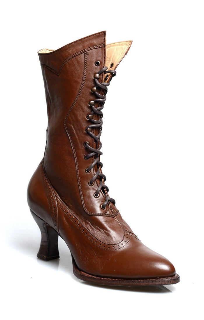 Modern Victorian Lace Up Leather Boots in Cognac Oak Tree Farms