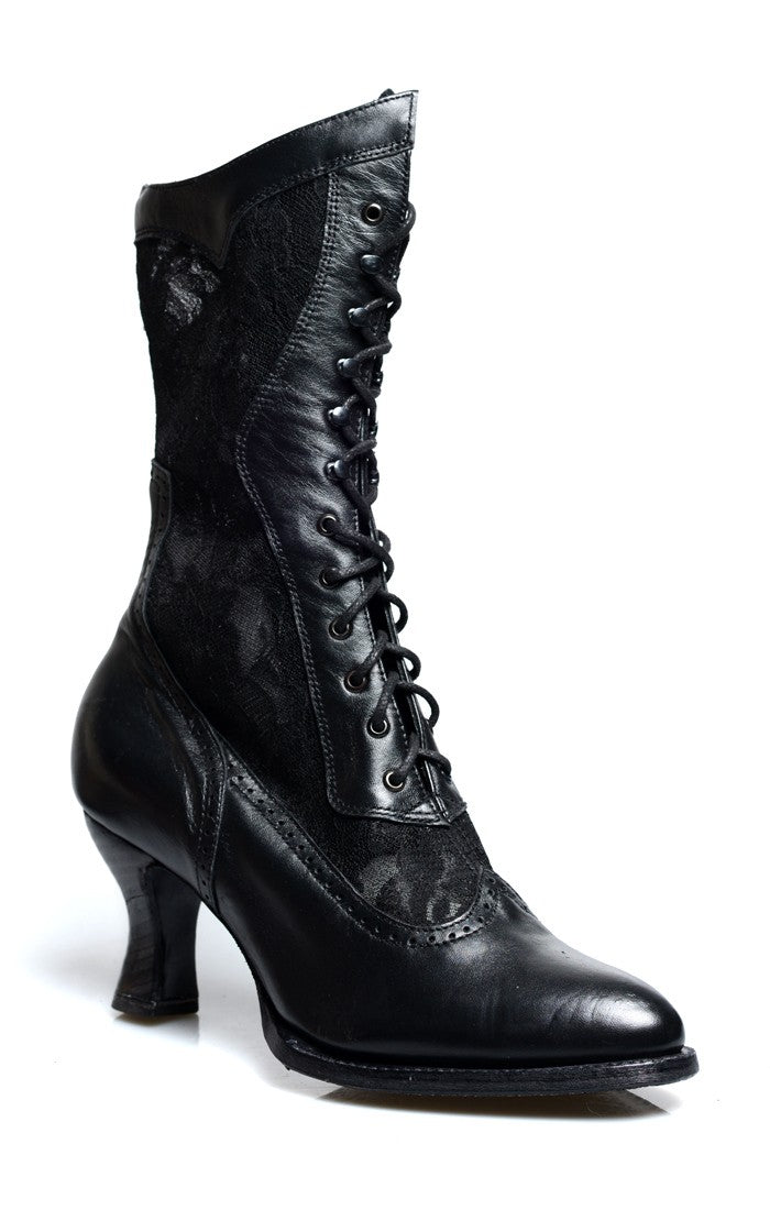 Victorian Inspired Leather & Lace Boots in Black