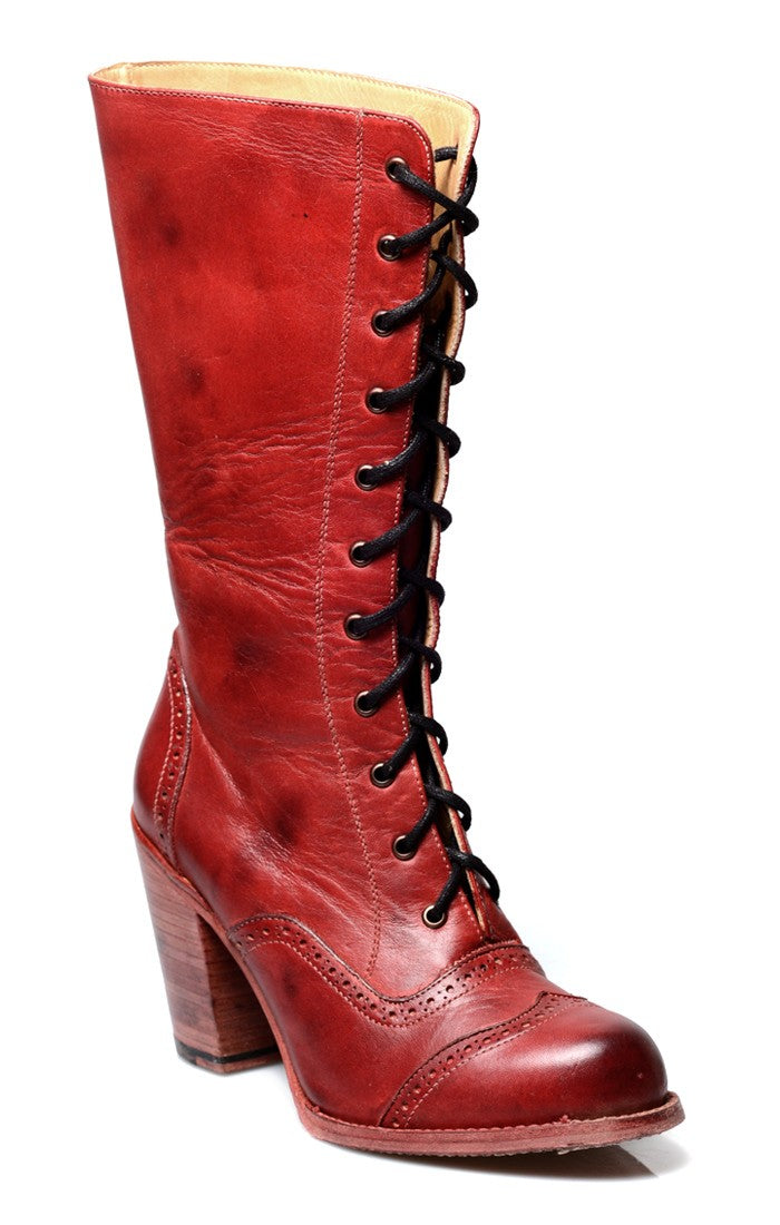 Victorian Inspired Mid-Calf Leather Boots in Red Rustic