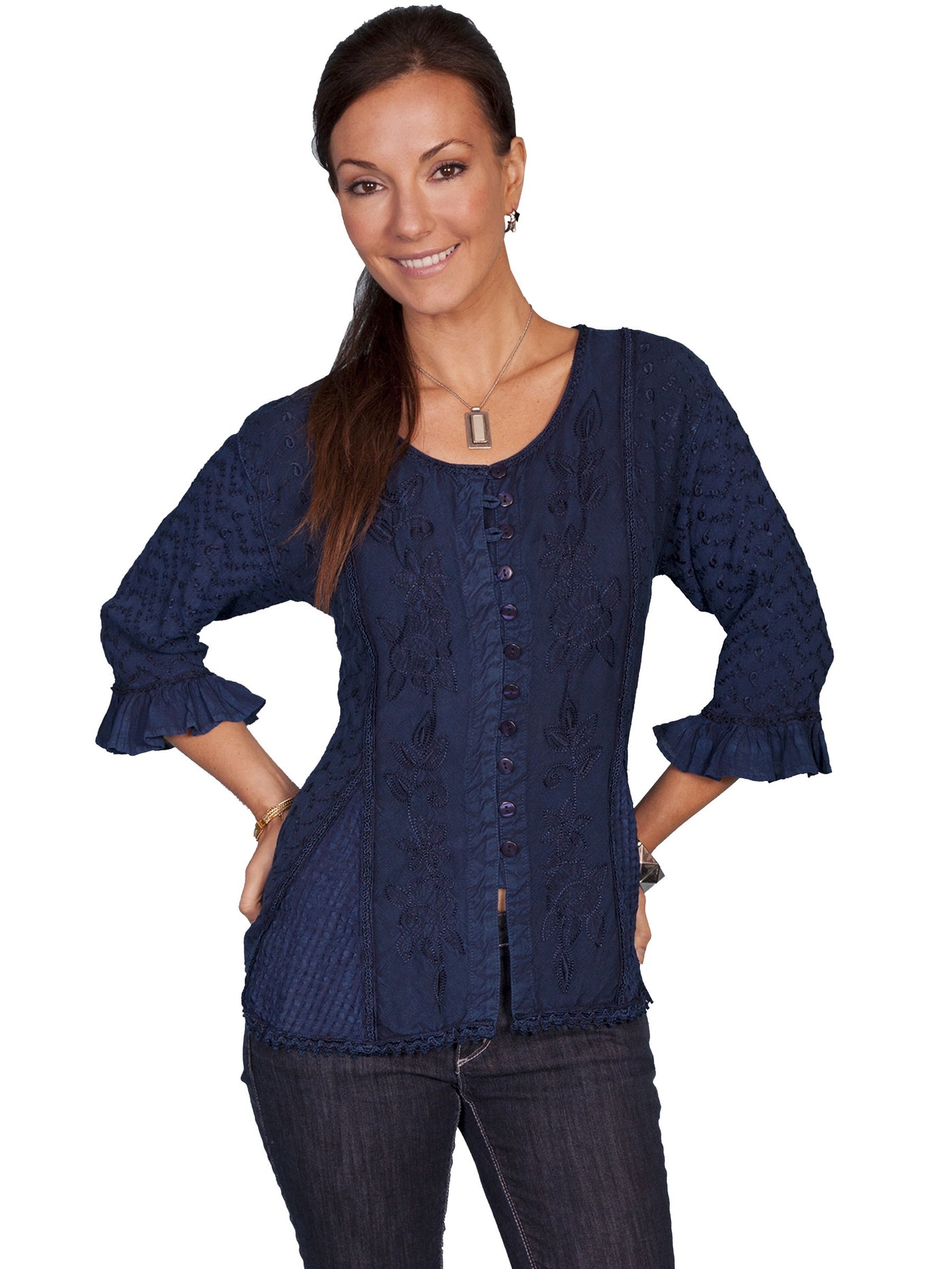 Honey Creek Cowgirl Multi-Fabric Blouse in Blue by Scully Leather